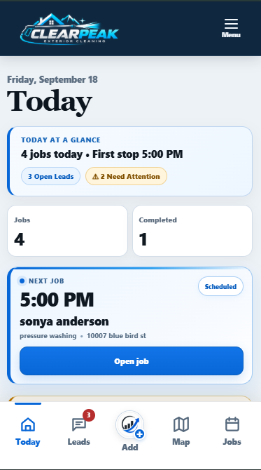 SCG Field Hub Today dashboard showing scheduled jobs