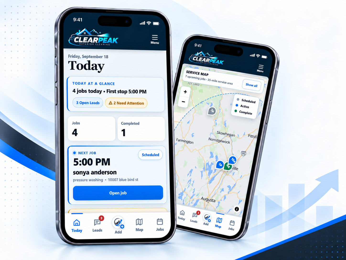 SCG Field Hub shown on mobile with the Today dashboard, service map and job workflow.